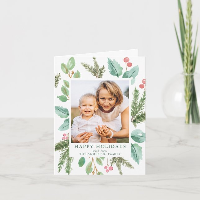 Elegant Watercolor Holly Berries & Greenery Photo Helgkort (Framsida)