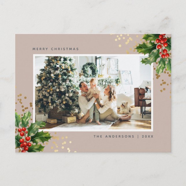 Elegant Watercolor Holly Berries Photo Helg Vykort (Framsida)