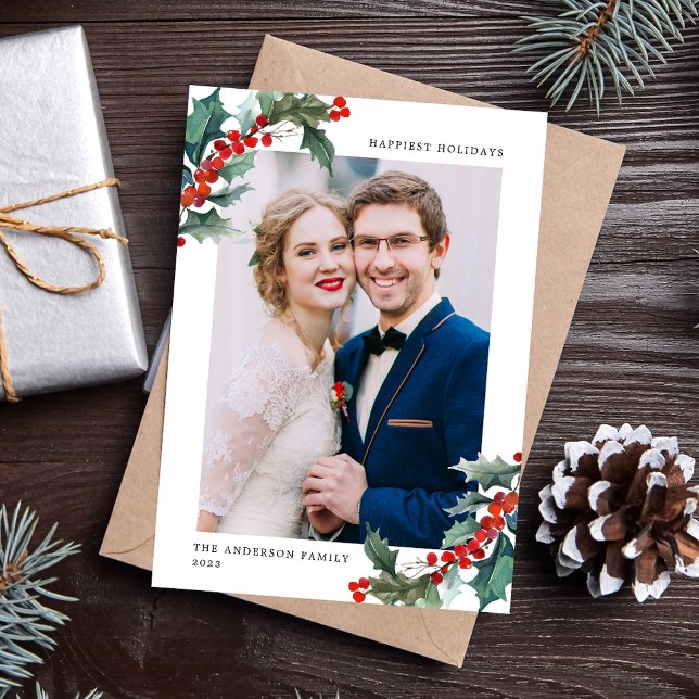 Elegant Watercolor Holly Berry Ram Photo Julkort (Skapare uppladdad)