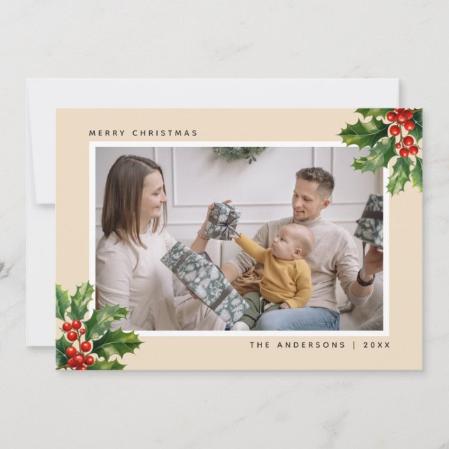 Elegant Watercolor Holly Photo-julkort Julkort (Framsida)