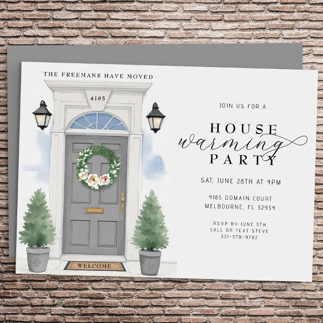 Elegant Watercolor Houseuppvärmning Party Inbjudningar (Grey Door Housewarming Party Invite)