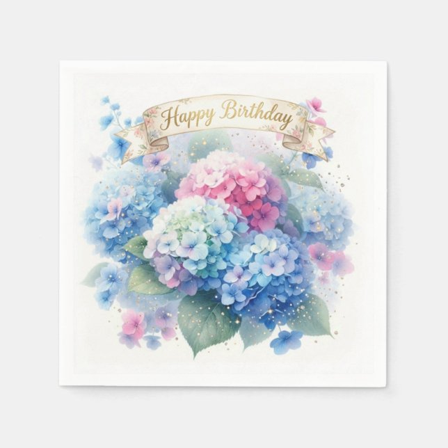 Elegant Watercolor Hydrangea Floral Birthday Party Pappersservett (Framsidan)