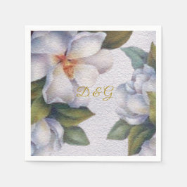 Elegant Watercolor Ivory Magnolia Guld Monogram Pappersservett