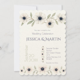 Elegant Watercolor Ivory Navy Blue Anemone Bröllop Inbjudningar