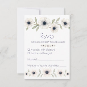 Elegant Watercolor Ivory Navy Blue Anemone Bröllop OSA Kort