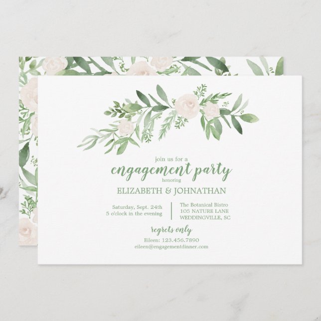 Elegant Watercolor Ivory Ro Förlovningsfest Inbjudningar (Fram/baksida)