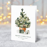 Elegant Watercolor Julgran non-Photo Helgkort<br><div class="desc">Elegant, icke-fotot, helgdag med festive water color Julgran, försedd med glasprydnadsämnen och omgiven av inslaget presenter. Anpassa kortet genom att lägga till anpassningsbar hälsning, din familj namn och året. Lägg till ett anpassningsbar-meddelande på kortets insida eller lämna tomt om du vill skriva ditt eget. Baksidan av helgdag-kortet i Julgran har...</div>