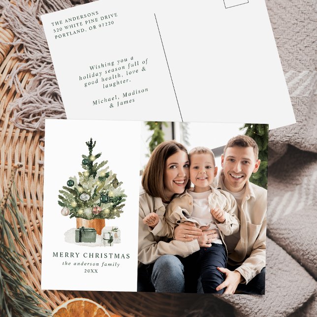 Elegant Watercolor Julgran Photo Helg Vykort (Skapare uppladdad)