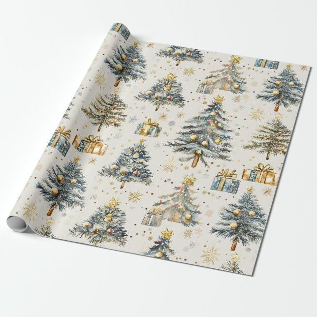 Elegant Watercolor Julgranar Presentpapper (Utrullad)
