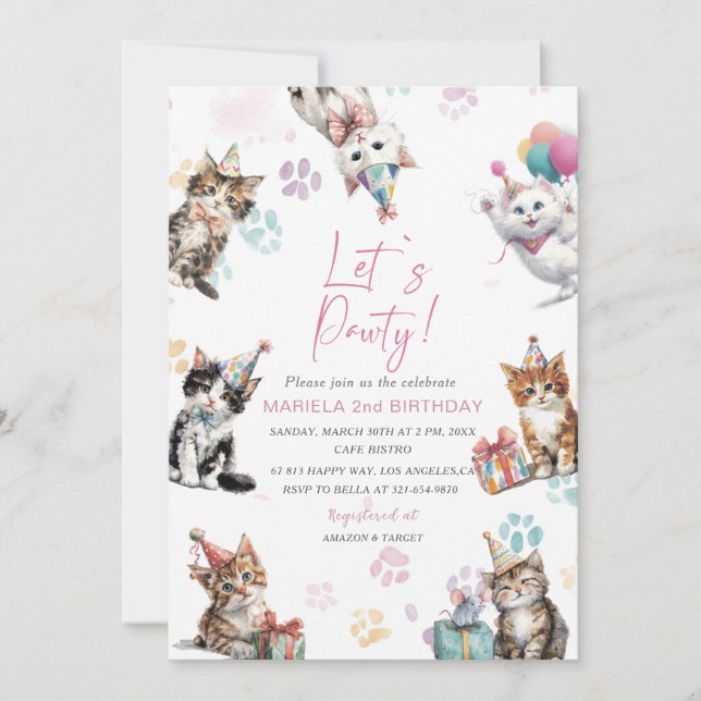 Elegant  Watercolor Kittens Födelsedagsinbjudan ka Inbjudningar (Framsida)