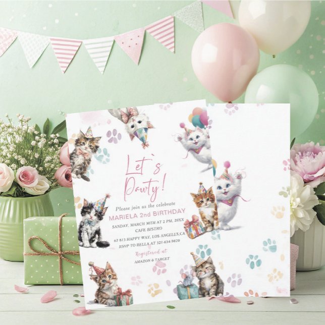 Elegant  Watercolor Kittens Födelsedagsinbjudan ka Inbjudningar (Skapare uppladdad)