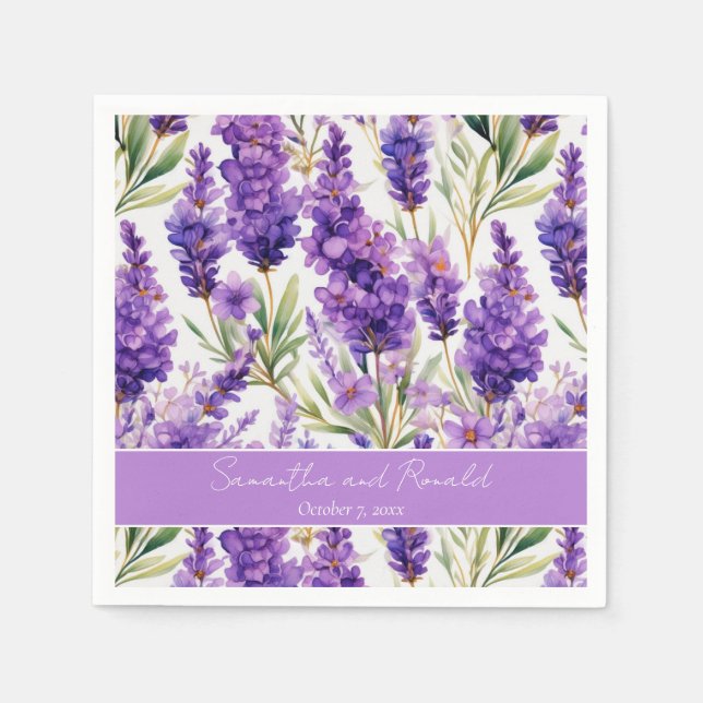 Elegant Watercolor Lavender Flowers Bröllop Pappersservett (Framsidan)