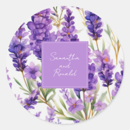 Elegant Watercolor Lavender Flowers Bröllop Runt Klistermärke