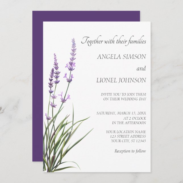 Elegant Watercolor Lavender Wedding  Inbjudningar (Fram/baksida)