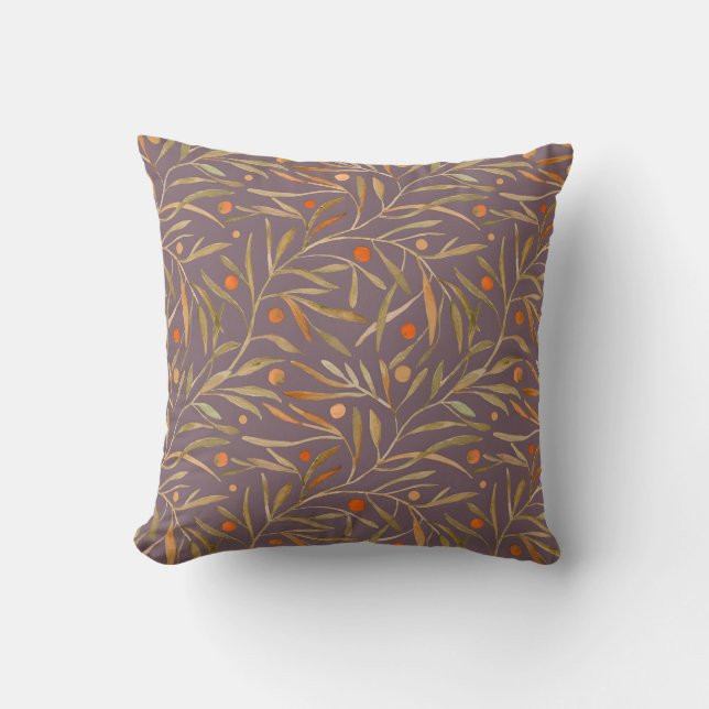 Elegant Watercolor Leaf Pattern  Purple Background Kudde (Framsida)