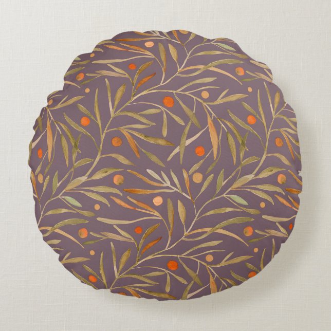 Elegant Watercolor Leaf Pattern  Purple Background Rund Kudde (Framsidan)