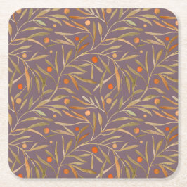 Elegant Watercolor Leaf Pattern  Purple Background Underlägg Papper Kvadrat