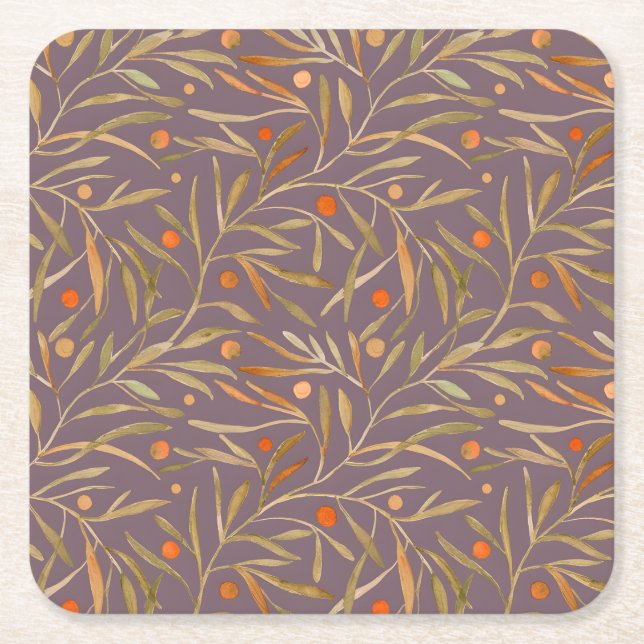 Elegant Watercolor Leaf Pattern  Purple Background Underlägg Papper Kvadrat (Framsidan)