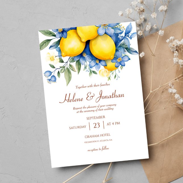 Elegant Watercolor Lemon Blommigt Garden Wedding Inbjudningar (Elegant Watercolor Lemon Botanical Wedding Invitation)