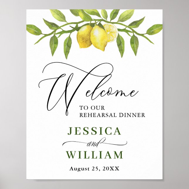 Elegant Watercolor Lemon Greenery REHEARSAL DINNER Poster (Framsidan)