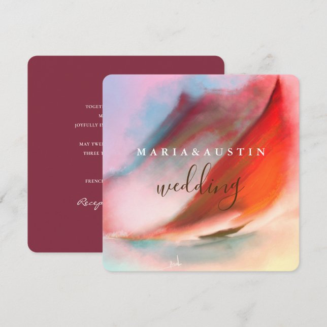 Elegant Watercolor Ligcape Red Burgundy Bröllop Inbjudningar (Fram/baksida)