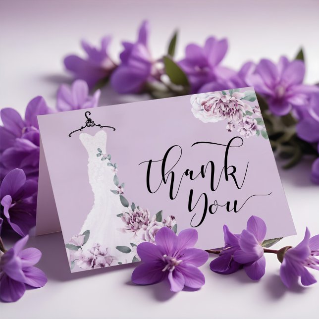 Elegant Watercolor Lila Blommigt Bröllop Dress Tack Kort (Elegant Watercolor Purple Floral Wedding Dress Thank You Card)
