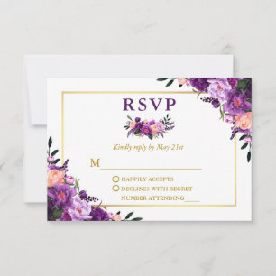 Elegant Watercolor Lila Blommigt Guld Bröllop OSA Kort