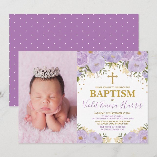 Elegant Watercolor Lila Blommigt Lavender Baptism Inbjudningar (Fram/baksida)
