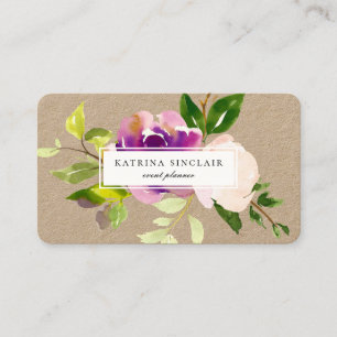 Elegant Watercolor Lila Cassis Blommigt Kraft Visitkort