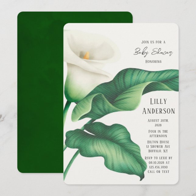 Elegant Watercolor Lilly Flower Baby Shower Inbjudningar (Fram/baksida)