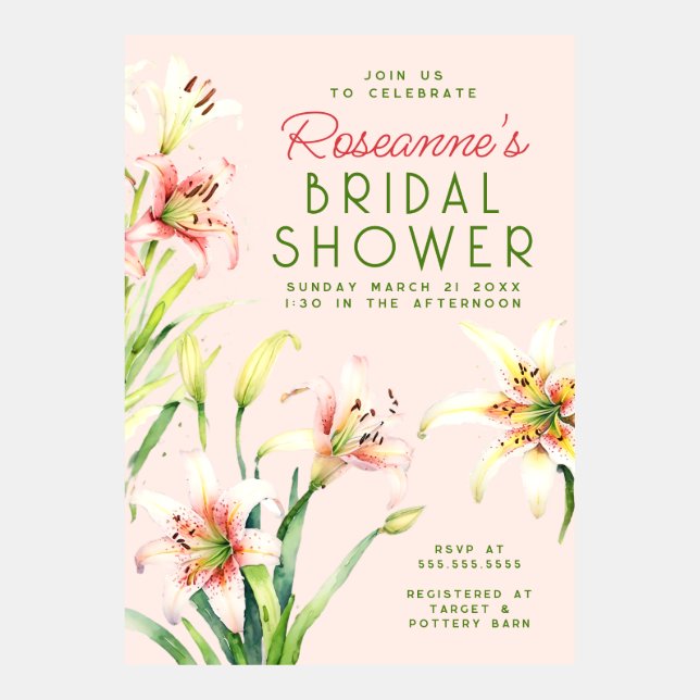 Elegant Watercolor Lily Inbjudningskort för möhipp (Framsida)