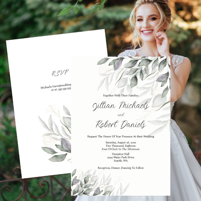Elegant Watercolor Löv Bröllop med OSA Inbjudningar (Elegant Watercolor Leaves Wedding with RSVP Invitation)