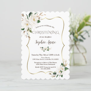 Elegant Watercolor Magnolia Flowers Christening Inbjudningar