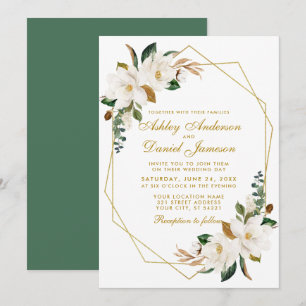 Elegant Watercolor Magnolias Greenery Guld Bröllop Inbjudningar