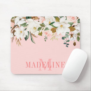 Elegant Watercolor Magnolias Ro Blommigt Monogram Musmatta