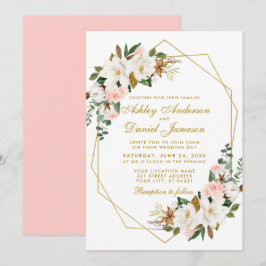 Elegant Watercolor Magnolias Ro Bröllop Guld Inbjudningar