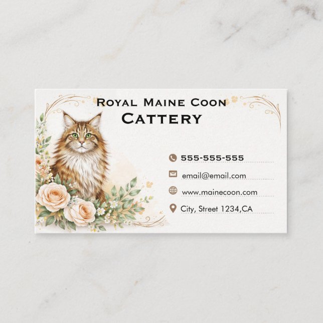 Elegant Watercolor Maine Coon Katteri Visitkort (Framsida)
