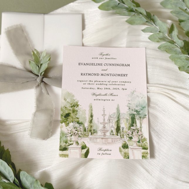 Elegant Watercolor Manor Garden WedWedding Inbjudningar (Skapare uppladdad)