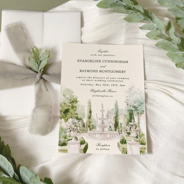 Elegant Watercolor Manor Garden WedWedding Inbjudningar (Skapare uppladdad)