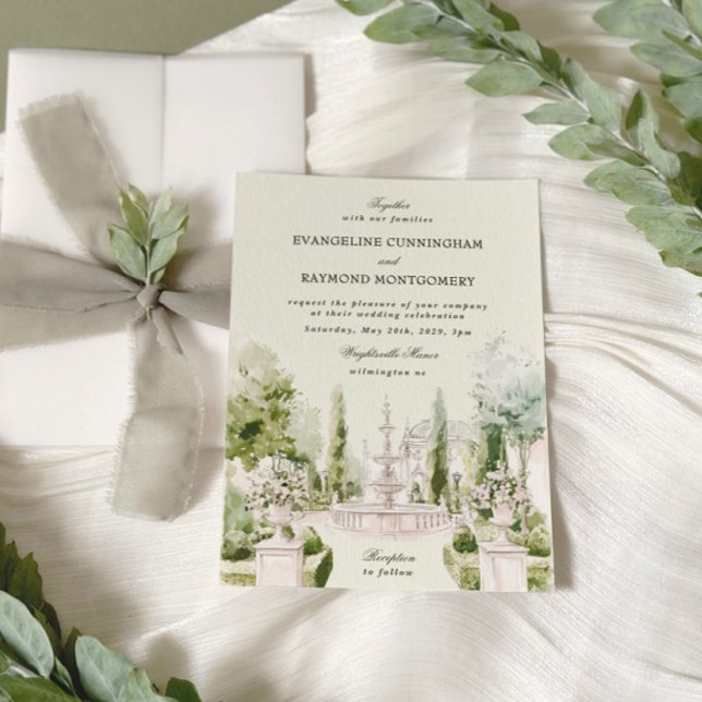 Elegant Watercolor Manor Garden WedWedding Inbjudningar (Skapare uppladdad)