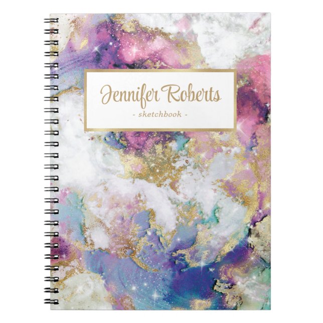 Elegant Watercolor Marble Gold Foil Sketchbook Anteckningsbok (Framsidan)