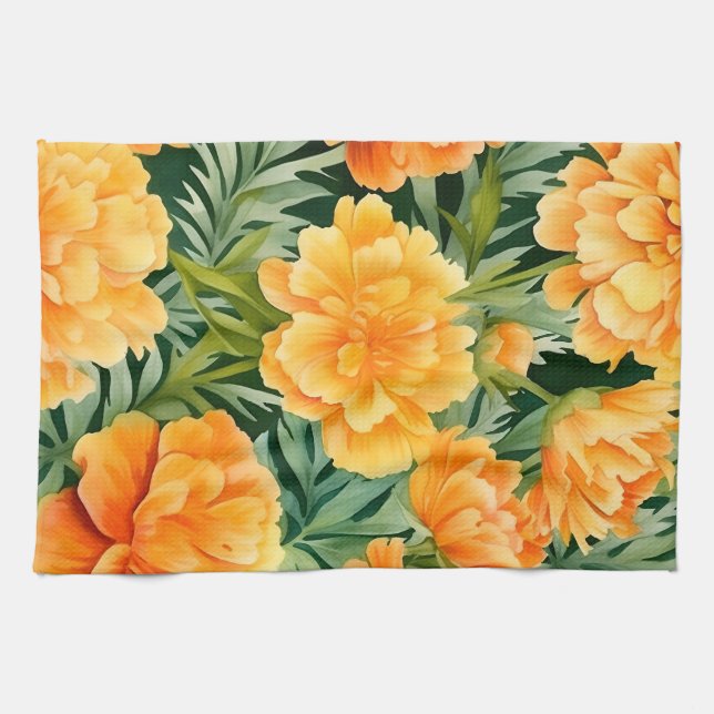 Elegant Watercolor Marigold Flowers Kökshandduk (Horisontell)