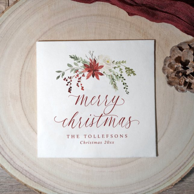 Elegant Watercolor Merry Christmas Holiday Berries Pappersservett (Elegant Christmas napkins with an elegant botanical watercolor design and "merry Christmas" script)