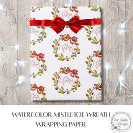 Elegant Watercolor MIstletoe Wreath & Red Bow Presentpapper
