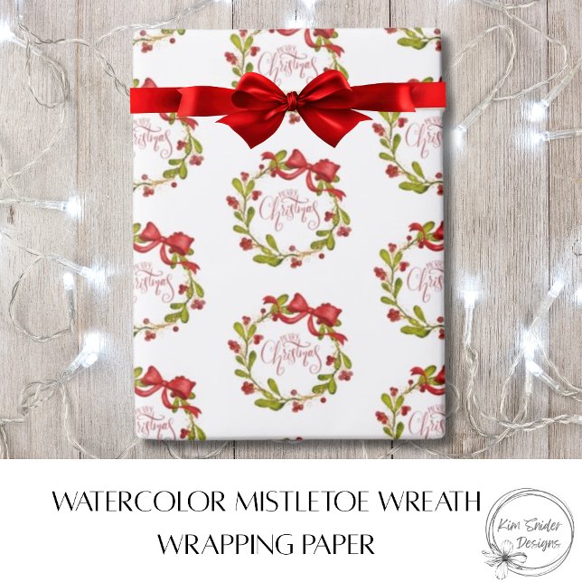 Elegant Watercolor MIstletoe Wreath & Red Bow  Presentpapper (Skapare uppladdad)