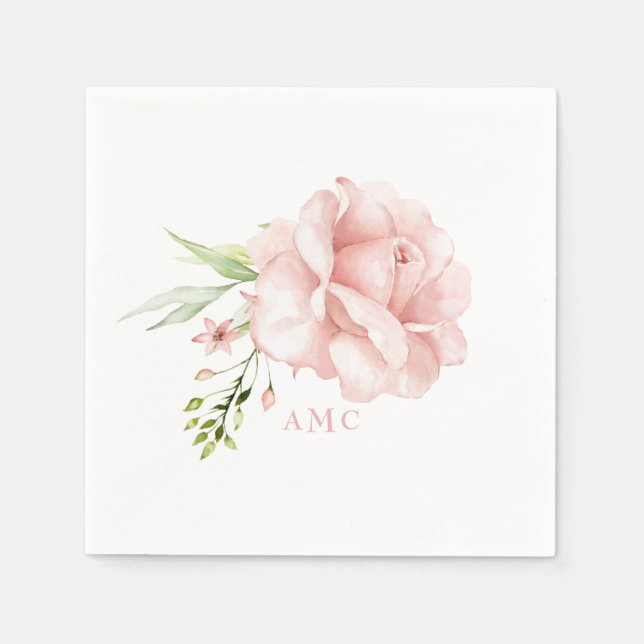 Elegant Watercolor Monogram Rosa Blommigt Cocktail Pappersservett (Framsidan)