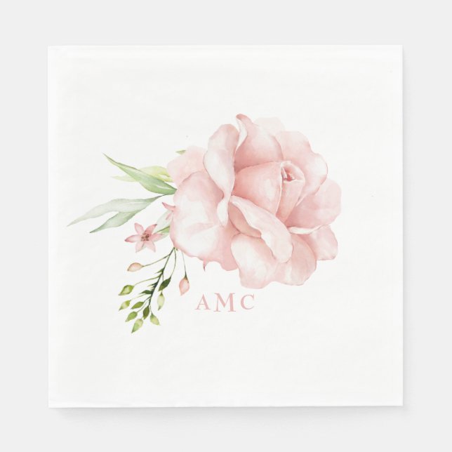 Elegant Watercolor Monogram Rosa Blommigt Luncheon Pappersservett (Framsidan)