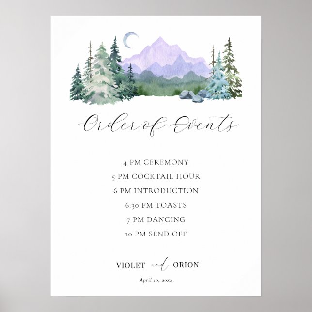 Elegant Watercolor Mountain Bröllop Schedule Poster (Framsidan)