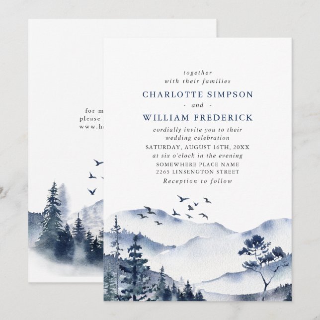 Elegant Watercolor Mountain Forest Bröllop Inbjudningar (Fram/baksida)