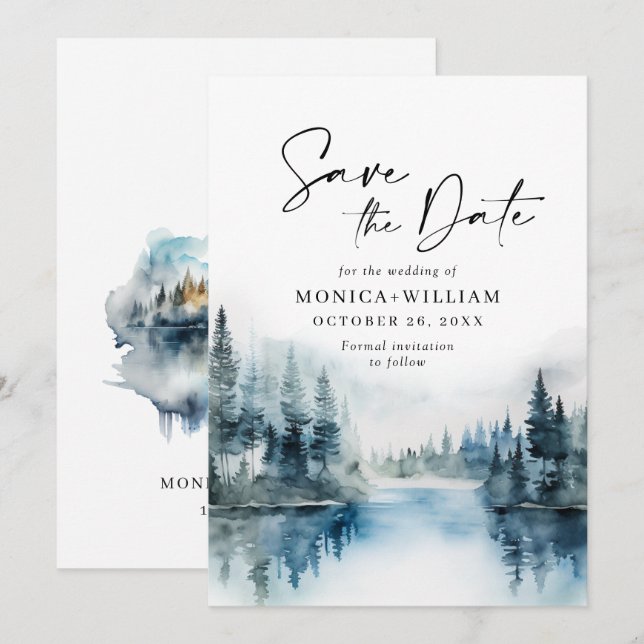 Elegant Watercolor Mountain Forest Bröllop Spara Datumet (Fram/baksida)